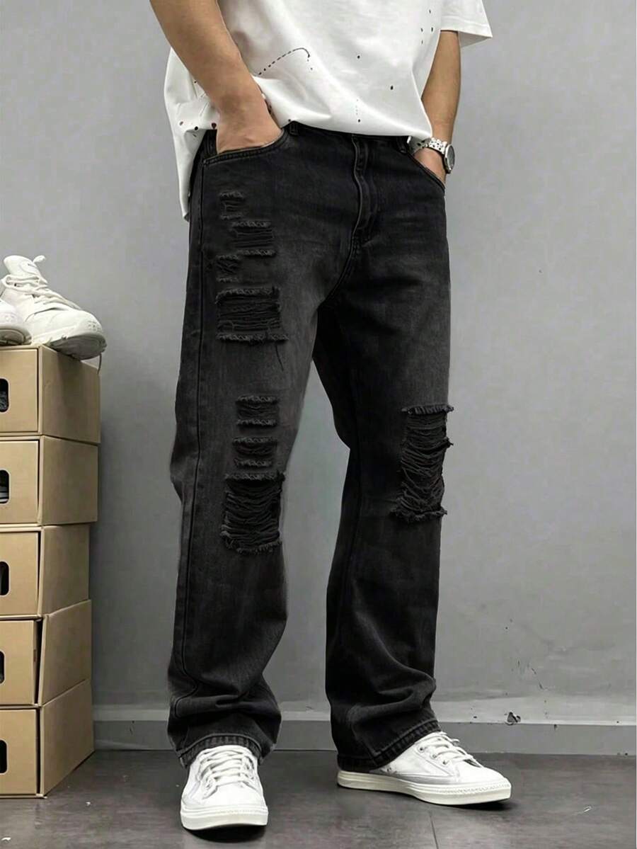 Men's Loose Distressed Casual Denim Jeans - Fashionable Relaxed Fit - Black - View 1