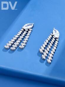 DV JEWELRY 1對奢華立方鋯石白金鍍層吊墜耳環，適合女性，優雅珠寶，適用約會、婚禮、派對、週年紀念，附禮盒包裝 - 銀色 - 查看 2