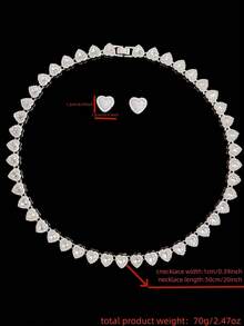 2 piezas/Set Collar de cadena con strass en forma de corazón de 10mm y un par de pendientes de corazón de circonita cúbica, collar de cadena de corazón estilo hip-hop para mujer y pendientes, collar clásico vintage punk de moda, conjunto de joyería de collar para mujer, adecuado para fiestas o uso diario, regalo del Día de San Valentín - Plateado - Ver 5