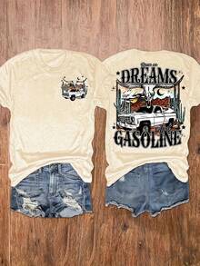 Women's Western-Style Letter Print Crew Neck T-Shirt, Casual Short-Sleeve Top, Women's Clothing. A0JO - 黑色 - 查看 8