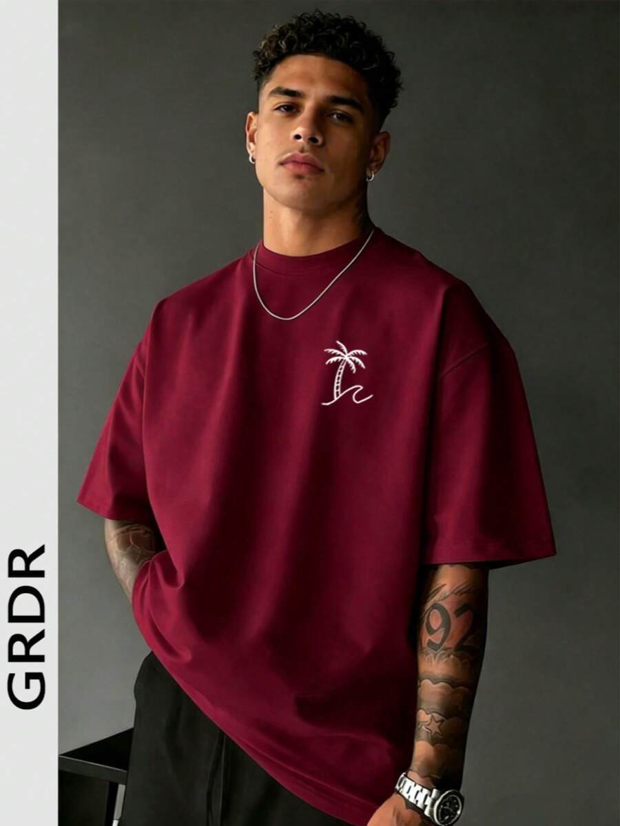 GRDR Men's Round Neck Fashionable Palm Tree Printed Short Sleeve T-Shirt, Casual - Burgundy - View 1