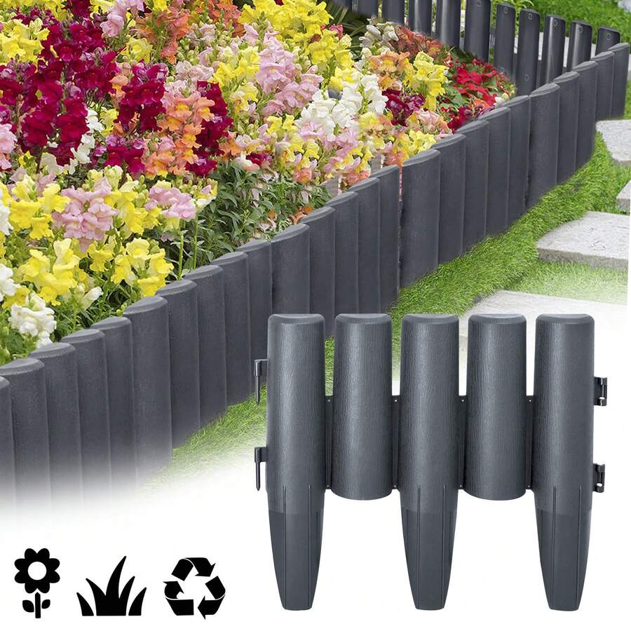 Gartenpalisaden-Umrandung für Blumenbeete, Holzoptik, dekorativer Stil zum Einstecken - Anthrazit - Übersicht 1