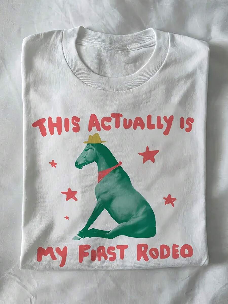 100% Cotton Y2K Loose Short Sleeve This Actually Is My First Rodeo - Horse T Shirt, Unisex T Shirt, Relatable Tee, Exchange Tee, Weird T Shirt, Unhing - White - View 1