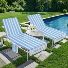 1pc 210*75cm Classic Striped SUMMER Bohemian Lounge Chair Cover Beach Chair Cover, Absorbent - Quick Drying, Lightweight Towel With Pocket, Suitable For Pool, Beach, Camping And Picnic, Beach Towel Lounge Chair Cover | Modern Beach Towel | Durable Beach Mat, Beach Towel - Baby Blue - View 4