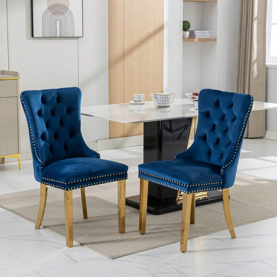 Set Of 2 65 Cm Dining Chairs In Velvet For Kitchen And Dining Room - 藍色 - 查看 1