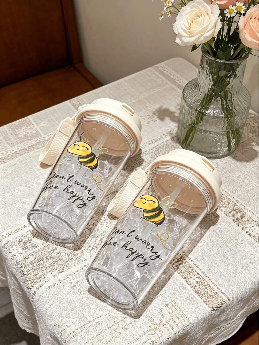 1/5pcs 500ml Plastic Coffee Cup With Cute Bee Print And "Don't Worry, Bee Happy" Text, Flip Lid And Handle. Leak-Proof Seal, Suitable For Iced Coffee, Tea And Cold Drinks. A Sweet And Joyful Gift, Perfect For Nature Lovers And Bee Enthusiasts For Daily Use. - Multicolor - Bee - View 1