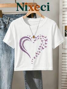Nixeci Brand Women's Short-Sleeved T-Shirt With Heart And Butterfly Pattern, A Summer Bestseller, Comfortable And Versatile, Cropped Top For Casual St - White - View 2