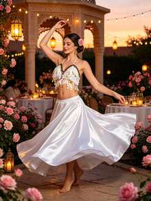 Belly Dance Coin-Embellished Halter Crop Top, Satin Full Circle Maxi Skirt For Stage Performance & Carnival - Multicolor - View 7