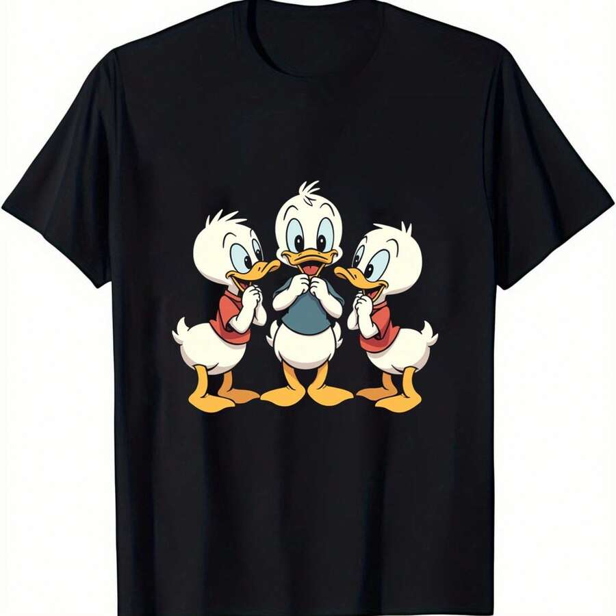 Camiseta Negra Gráfica del Trío de Sobrinos de Pato Donald de - Camiseta Unisex para Adultos de Ajuste Regular con Manga Ccomndota y Estampado Animado - Negro - Ver 1