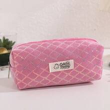 Trousse à crayons style Ins très attrayante avec motif de grille de losanges à paillettes, sac de papeterie en canevas grande capacité pour étudiants, pochette de rangement minimaliste résistante à la saleté - multicolore - Voir 4