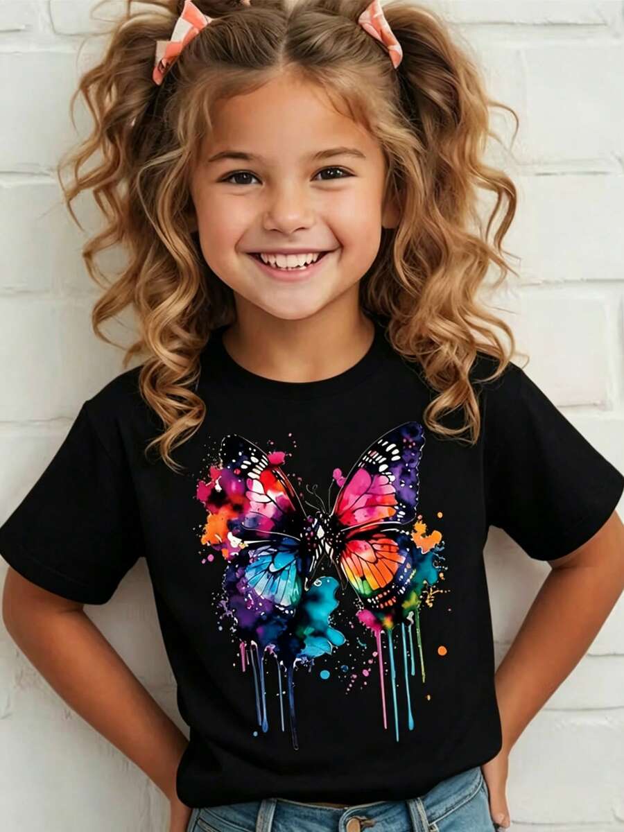Top de manga corta sencillo, informal y bonito con estampado para niños, ideal para el verano. - Negro - Ver 1