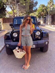 YIU 2pcs/Set Women's Sexy Halter Neck Backless Grey Striped Top + Elastic Waist Shorts Bohemian Style Outfit, Fashionable Summer Wear - Grey - View 1