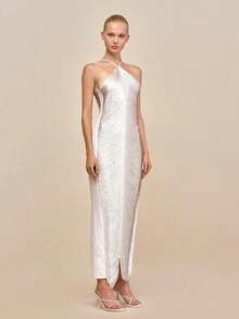 Long Party Dress With Fringe, Halter Neckline And Back Slit - White - View 3