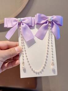 2 pezzi Fermagli per capelli con fiocco in raso, bastoncini per capelli con fiocco e nappe a catena di perle, accessori decorativi alla moda per capelli da ragazza - Multicolore - Visualizzare 8