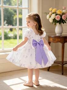 Baby Girls Puff Sleeve Colorblock Bow Print Satin Cute Birthday Dress Suitable For Vacation, No Headband No Bag - Mauve Purple - View 8