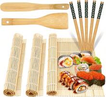 Set di 10 utensili da sushi riutilizzabili, adatto sia ai principianti che ai professionisti, composto da 3 stuoie di bambù, 5 paia di bacchette, un coltello da sushi in legno e un cucchiaio da riso. - Visualizzare 1