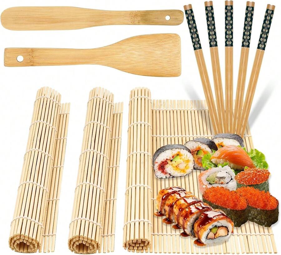 Set di 10 utensili da sushi riutilizzabili, adatto sia ai principianti che ai professionisti, composto da 3 stuoie di bambù, 5 paia di bacchette, un coltello da sushi in legno e un cucchiaio da riso. - Visualizzare 1