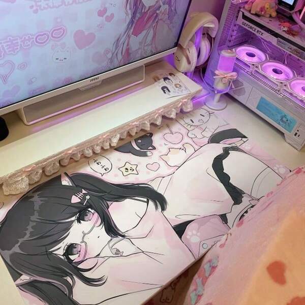 Leather Desk Mat Protective Pad Japanese Anime Pink Sexy Girl Cat Cute Y2K Mouse Pad Office Desk Mat Waterproof Anti-Slip Gaming PU Desktop Mat For Esports Users