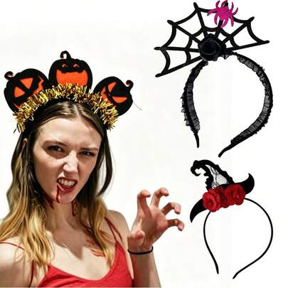 1pc Halloween Pumpkin Headband Spider Web Hair Accessory Witch Hat Headband Festival Party Photo Prop