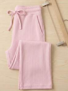 Blogueirinha Children's Wide Leg Pants In Ribbed Cotton Fabric With Pocket, Comfortable And Soft - Baby Pink - View 2