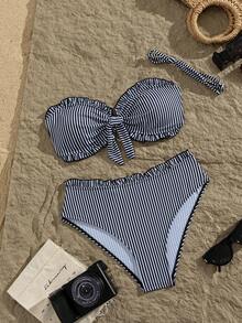 Women's Striped Print Flat Chest Bikini Two Pieces Set, Suitable For Summer Island Vacation Outfits Beach - Multicolor - View 2