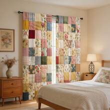 2pcs Floral Patchwork Pattern Digital 2D Printed Curtains, 100% Polyester Machine Washable Decorative Curtains, Suitable For Bedroom, Living Room, Kitchen, Balcony, Apartment, Hotel, B&B Exclusive Modern Artist Home Decor (Rod Not Included), Living Room Curtains, Privacy Window Design, Durable Fabric, Autumn, Thanksgiving Decoration, Perfect Holiday Gift For Family And Friends, All Season Applicable, 2D Flat Print, 90gsm - Multicolor - View 1