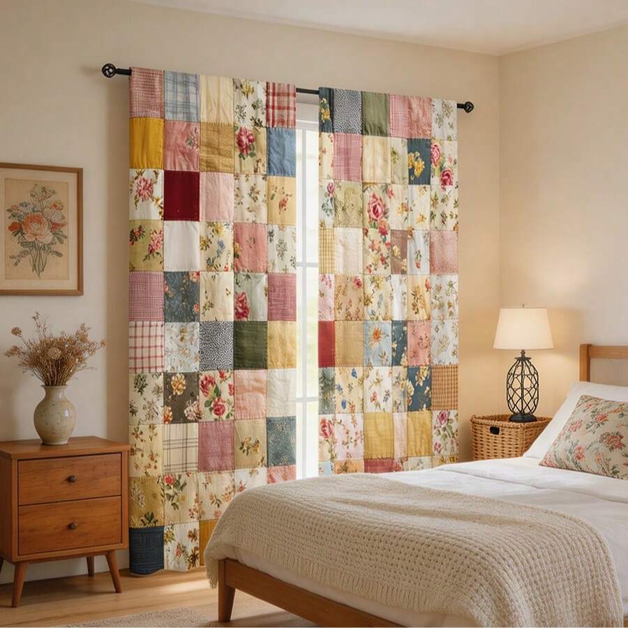 2pcs Floral Patchwork Pattern Digital 2D Printed Curtains, 100% Polyester Machine Washable Decorative Curtains, Suitable For Bedroom, Living Room, Kitchen, Balcony, Apartment, Hotel, B&B Exclusive Modern Artist Home Decor (Rod Not Included), Living Room Curtains, Privacy Window Design, Durable Fabric, Autumn, Thanksgiving Decoration, Perfect Holiday Gift For Family And Friends, All Season Applicable, 2D Flat Print, 90gsm - Multicolor - View 1
