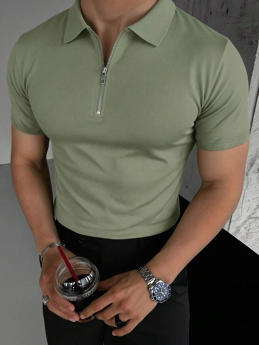 Camisa polo de manga corta de unicolor, de media cartera, casual y versátil para el trabajo diario para hombres