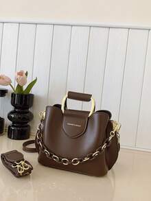 Hevel, Bolso de mano con decoración de cadena de estilo casual de negocios, adecuado para adolescentes, bolso de hombro y bandolera para mujeres estudiantes universitarias, recién llegadas al lugar de trabajo y trabajadoras de cuello blanco. Perfecto para oficina, campus, trabajo, negocios, desplazamientos, actividades al aire libre, viajes y salidas. - Café integral - Ver 9