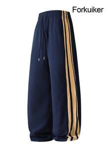 Men's Navy Blue Wide Leg Sweatpants, Contrast Yellow Side Stripes, Elastic Drawstring Waist, Retro Casual Streetwear Style - Navy Blue - View 5