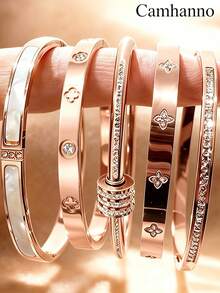 1/5Pcs Gold Plated Stainless Steel Cuff Bangles For Women, Classic Rhinestone Inlaid Stackable Bracelets, Non Tarnish Waterproof Jewelry - Rose Gold - View 10
