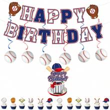 34pcs Baseball Theme Birthday Party Decoration Set Includes 15 Triangle Bunting, 6 Hanging Spiral Decorations, 12 Small Flags And 1 Large Flag, Perfect For Birthday Party, Family Gathering Or Adding Fun Decor - A - View 2