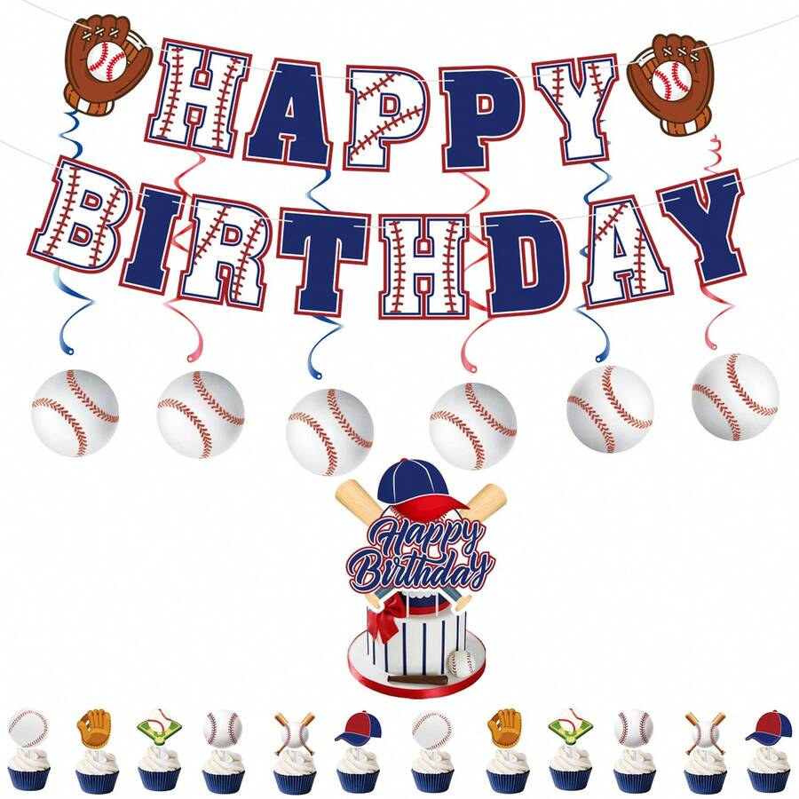 34pcs Baseball Theme Birthday Party Decoration Set Includes 15 Triangle Bunting, 6 Hanging Spiral Decorations, 12 Small Flags And 1 Large Flag, Perfect For Birthday Party, Family Gathering Or Adding Fun Decor