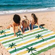 1 Stück Oversized gelb-grün gestreiftes Kokosnussbaum-Strandtuch, sandabweisend und schnelltrocknend, geeignet für 1-3 Erwachsene - leichtes, strapazierfähiges Polyestergewebe - perfekt für Reisen, Camping, Wandern und Lässig am Strand, Strandmatte, Camping-Bodenabdeckung - Gelbgrün gestreifte Kokospalmen - Übersicht 5