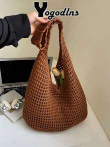 Yogodlns Women's Crochet Aesthetic Design Beach Bag, Woven Net Underarm Bag, Versatile Summer Shoulder Bag, Casual Shoulder Bag For Women, Handbag - 卡其色 - 查看 1