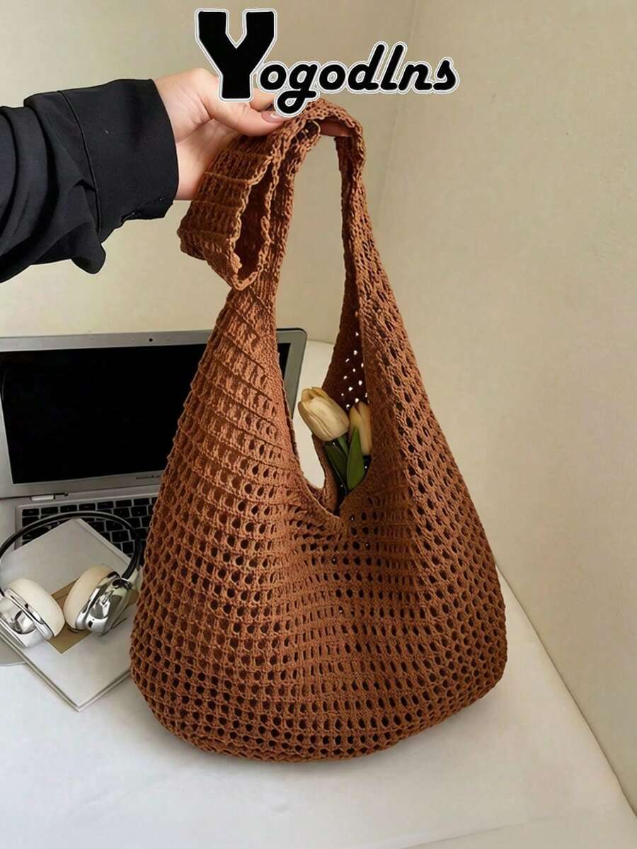 Yogodlns Women's Crochet Aesthetic Design Beach Bag, Woven Net Underarm Bag, Versatile Summer Shoulder Bag, Casual Shoulder Bag For Women, Handbag - 卡其色 - 查看 1