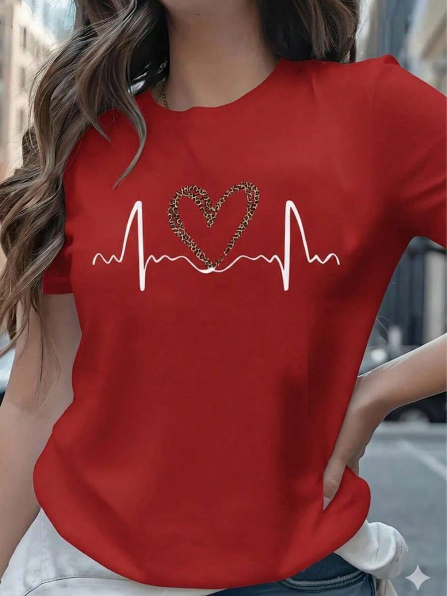 Women's Black T-Shirt With Leopard Heart Graphic And Heartbeat, Aesthetic Style T-Shirt With Electrocardiogram Line Short Sleeve, Casual Urban Fashion Blouse - 紅色 - 查看 1