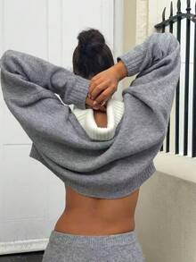 Women's Autumn/Winter New Fashion Casual Retro Sexy Deep V-Neck Double-Layer Contrast Color Collar 2 In 1 Knit Top And Pants Set - Grey - View 4