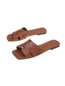 New Round Toe H-Shaped Cross Strap Decor Flat Slide Sandals, Casual Vacation Style, Daily Commute, Black, White, Brown - Brown - View 4