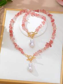 Summer Fresh Gradient Pink Crushed Stone Baroque Faux Pearl Necklace & Bracelet 2 Pieces Set, Beach Travel Photography Outfit Accessory With Light Luxury Vibe (Gift Box Not Included) For Kids - Pink - View 3