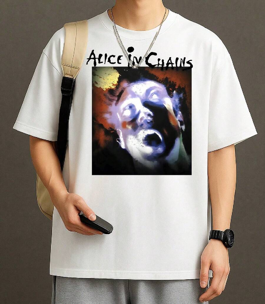 Men's T-Shirt, Alice In Chains Rock Band, 100% Cotton, International Music, Grunge, Unisex, Immediate Shipping, Various Colors, Green T-Shirt - 白色 - 查看 1