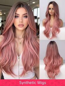 26 Inch Pink Synthetic Wig - Long Wavy Style (No Bangs), Heat Resistant Material, Water Wave Texture - Suitable For Parties, Daily Wear, Holidays, Travel Photography, Music Festivals, Etc. - 粉色 - 查看 2