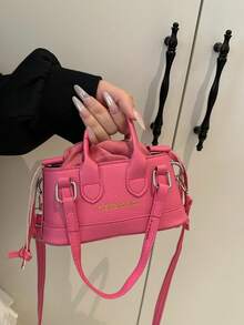Túi xách mini nữ đeo chéo hình vỏ sò, chất liệu PU màu trơn, dây rút, phối màu kim loại thời trang - Màu Hồng Tươi - Xem 2