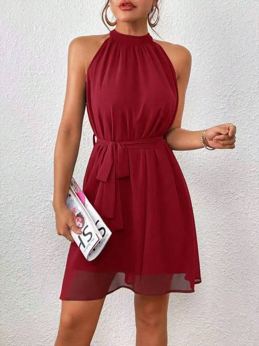 Sleeveless Solid-Color Halter Dress, Fashionable For Summer - 紅色 - 查看 1
