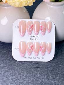 10 Pieces Of Handmade Press On Nails,Summer Nails,Sheer Nude Nails With Pastel Pink French Tips,Decorated With Gradient Pink 3D Flower Ornaments And Tiny Pearl Studs,Soft Sweet Romantic Style,Perfect For Daily Wear, Dates And Spring Bridal Occasions. - Pink - View 3