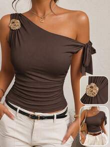 Women's Asymmetrical Blouse With 3D Flower Embellishments And A Metal Bow, Brown, Perfect For Weddings, Parties, And Evening Events. Made Of Soft, Stretchy, Solid-Color, And Fitted Fabric. - 咖啡色 - 查看 3