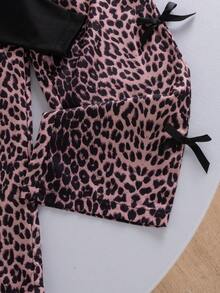2pcs Girls Summer Fashion Casual Street Retro Black Off-Shoulder Long Sleeve Top With Leopard Print Long Pants Side Black Ribbon Bow Decor Set Suitable For School And Street Wear - Black - View 6