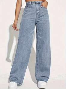 Celana Jeans Lurus Warna Biru Muda Kasual Modis untuk Remaja Perempuan - Light Wash - View 8