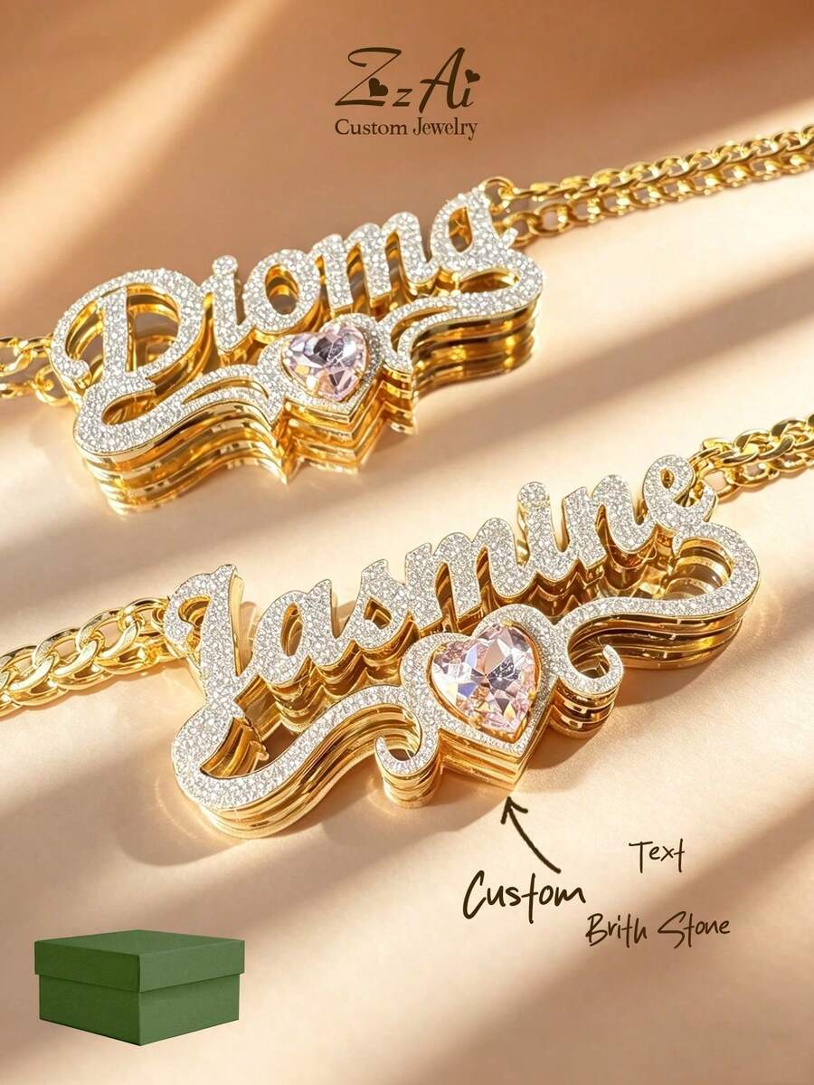 [ZzAi Custom]1pc Customized Text Necklace, Double Layer + Compressed Sand + 12 Birthstone Craft, Heart Necklace, 18K Gold Stainless Steel Customized Jewelry Necklace, Length 45+5cm, Suitable For Valentine's Day, Ramadan And Other Occasions As Daily Decorative Gift - Sand-pressed Version - View 1