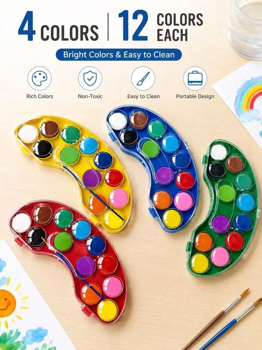 12 Color Solid Watercolor Paint Set, Vibrant, Water-Soluble Painting Tool, Built-In Brush, Dust-Proof Sealed Box, 4 Color Options: Red, Yellow, Blue, Green, Lightweight And Portable Travel Art Tool, Suitable For Sketching, Doodling And Handicrafts, Beginner Use, Especially Suitable For Indoor And Outdoor Painting Creation - Solid Watercolor Paint Set - View 1